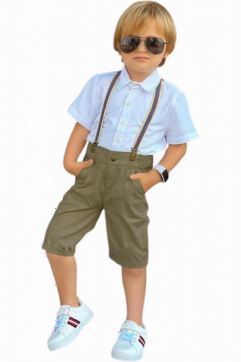 Boy Clothing - Boy's Short Sleeve Shirt and Strap Khaki Capri Top Top Suit 100328386 - Turkey