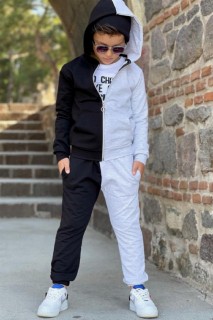 Boy Clothing - Jungen Bad Choices Written Beret Schwarz-Grauer Trainingsanzug 100326897 - Turkey