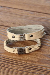 Others - Cream Color Leather Men's Bracelet Combination With Metal Accessories 100318755 - Turkey