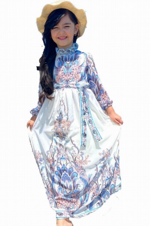 Outwear - Girl Ethnic Patterned Chiffon White Dress with Ruffle Collar and Ruffled Sleeves 100327437 - Turkey
