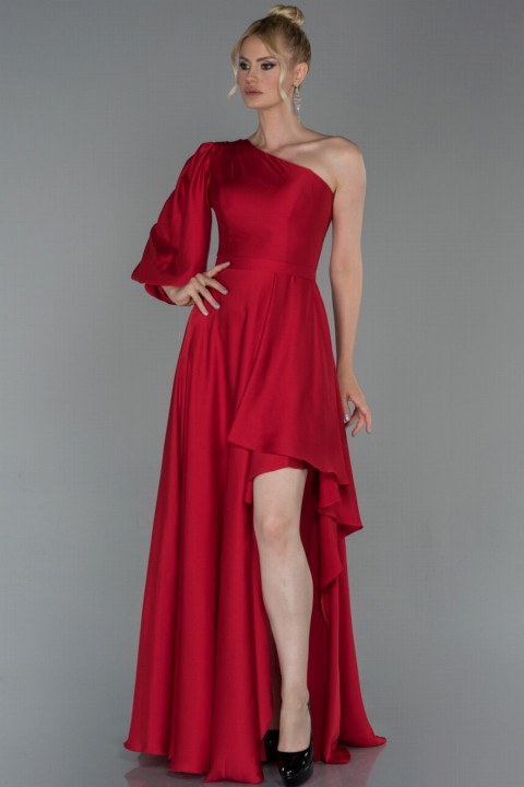 Evening Dress Single Sleeve Leg Decollete Satin Long Evening Dress 100297204
