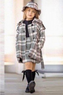 Girl Clothing - Girl Child's Shoulder Drawstring Crowbar Coat Hat Black-White Skirt Suit 100344714 - Turkey