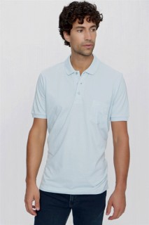 Top Wear - Men's Ice Blue Basic Plain 100% Cotton Oversized Wide Cut Short Sleeved Polo Neck T-Shirt 100351369 - Turkey
