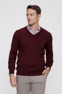 Knitwear - Chandail en tricot basique à col en V et coupe dynamique rouge bordeaux foncé pour homme 100345105 - Turkey