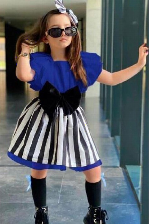 Outwear - Girl's Striped Saxe Blue Skirt Suit 100326687 - Turkey