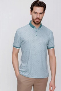 T-Shirt - Men's Light Green Mercerized Printed Dynamic Fit Comfortable Cut Buttoned Collar T-Shirt 100351412 - Turkey