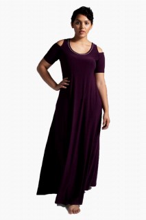Evening Cloths - Large Size Stone Shoulder Slit Evening Dress Purple 100276066 - Turkey