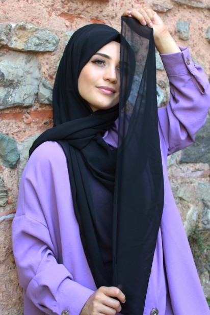 Woman Bonnet & Hijab - Châle Mousseline Uni Noir - Turkey