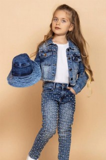 Boys' Plaid Stitching Detailed Bead Embroidered and Hat Set of 4 Blue Denim Bottoms 100328691