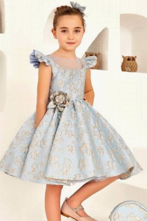 Girls' Collar Tulle Detailed Shoulder Frilly Floral Embroidered Blue Evening Dress 100327778