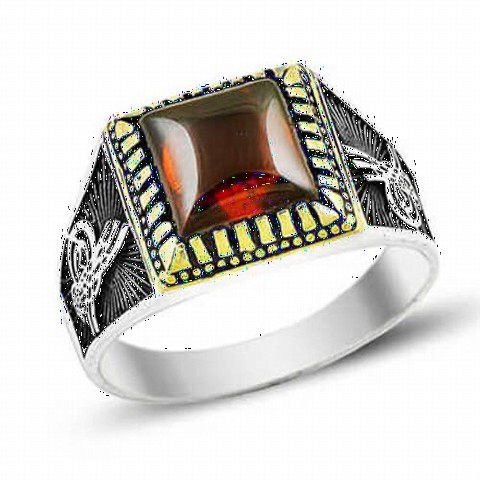 Agate Stone Rings - Agate Stone Ottoman Tugra Patterned Silver Men's Ring 100348927 - Turkey