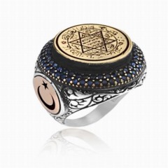 Seal of Prophet Solomon Embroidered Zircon Stone Silver Ring 100347738