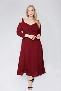 Long evening dress - Plus Size Shoulder Strap Evening Dress Glittery Short Dress Claret Red 100276730 - Turkey