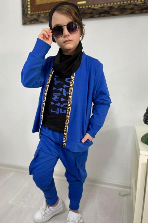 Boy Clothing - Boy's Cargo Pocket Neck Collar and Beret Blue Tracksuit 100327126 - Turkey