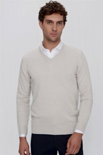 V Neck Knitwear - Men's Beige Basic Dynamic Fit Relaxed Cut V Neck Knitwear Sweater 100345152 - Turkey