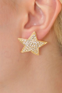 Earrings - Gold Color Star Model Zircon Stone Women's Earrings 100328079 - Turkey