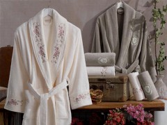 Bathroom - Gardenya Luxury Embroidered Cotton Bathrobe Set Cream Beige 100259773 - Turkey