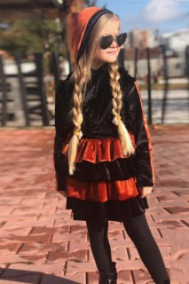 Kids - Girl's Hooded Stripe Detailed Layered Tile-Black Velvet Dress 100327159 - Turkey