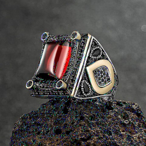 Onyx Stone Rings - خاتم فضة استرليني مربع أحمر 100349183 - Turkey
