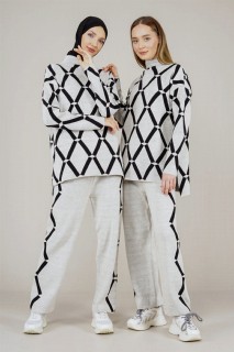 Cloth set - Women's Diamond Patterned Double Colored Double Knitwear Suit 100352577 - Turkey