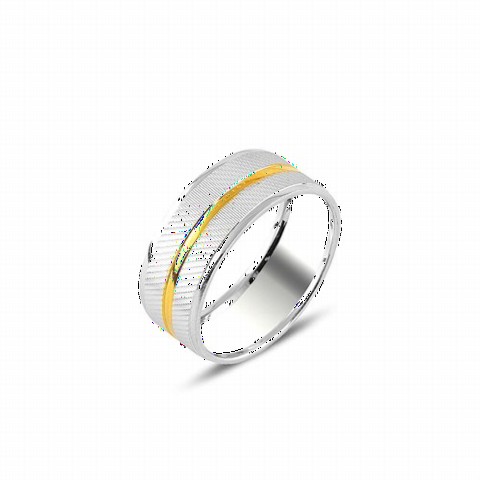Men - Sliver Detail 14K Gold Plated Silver Wedding Ring 100347019 - Turkey