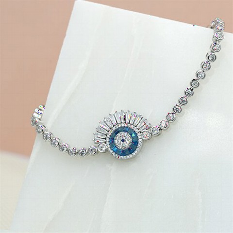 Bracelet - Turquoise Stone Fan Evil Eye Silver Women's Bracelet White 100347388 - Turkey