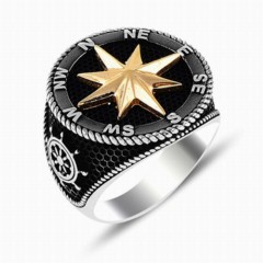 Stoneless Rings - Compass Black Ground Silver Ring 100347999 - Turkey
