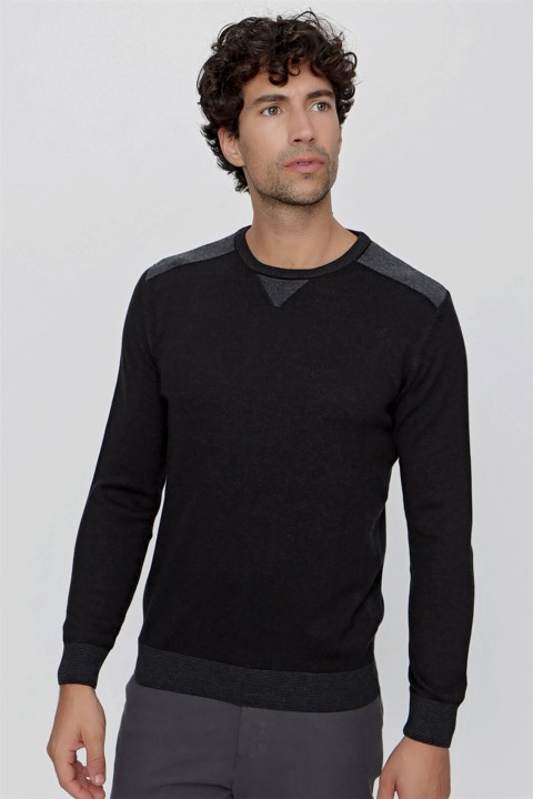 Men's Black Trend Dynamic Fit Loose Cut Crew Neck Knitwear Sweater 100345159