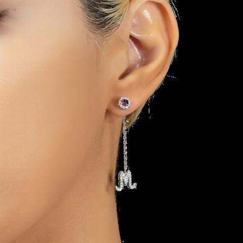 Earrings - Round Cut Silver Earrings with January Birth Stone 100350183 - Turkey