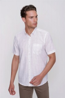 Shirt - Men's Beige Linen Regular Fit Comfy Cut Short Sleeved Pocket Shirt 100351402 - Turkey