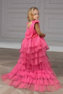 Girls' Pink Evening Dress with Floral Embroidered Waistline, Tailed Layered Tiered Tulle 100328421