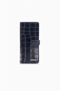 Men - Guard Large Croco Dark Blue Leather Phone Wallet with Card and Money Slot 100345669 - Turkey