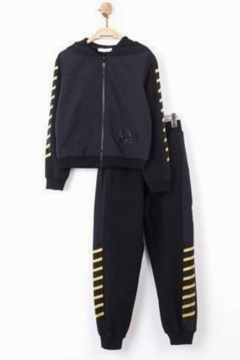 Girls Black Gold Striped Tracksuit Suit 100327046