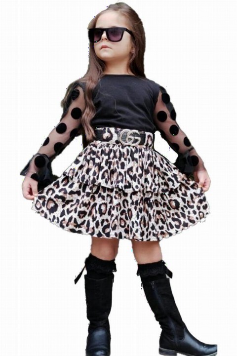 Girl Clothing - Girls' Sleeves Pointed Leopard Skirt Suit 100326666 - Turkey