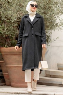 Outwear - Dark Smoke Color Hijab Coat 100339124 - Turkey
