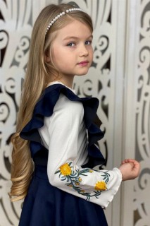 Girl's Suspender Ruffled Blouse Floral Embroidered Suede Petrol Blue Salopet Set 100327373