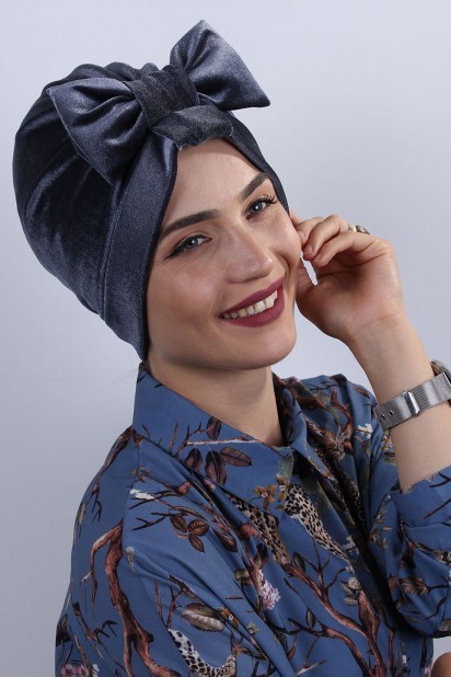 Woman Bonnet & Turban - Velvet Bow Bone Anthracite 100283022 - Turkey