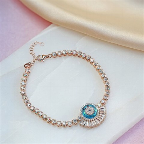 Turquoise Stone Fan Evil Eye Silver Women's Bracelet Rose 100347387