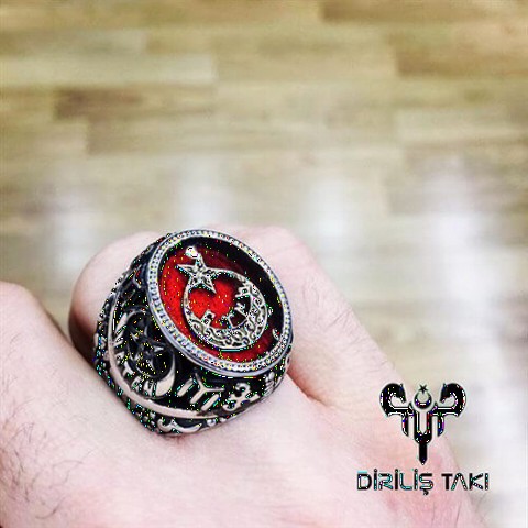 Moon Yildiz Inner Gokturk Turkish Written Silver Men's Ring 100349201