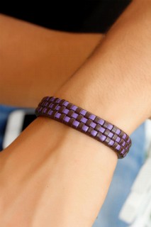 Men - Purple and Brown Leather Checker Pattern Design Men's Bracelet 100318691 - Turkey