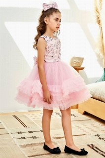 Evening Dress - Girls' Pink Floral Embroidered Sequined and Fluffy Skirt Pink Evening Dress 100327669 - Turkey