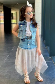Outwear - Girls' Vest Asymmetrical Cut Blue Denim Skirt Suit 100326759 - Turkey