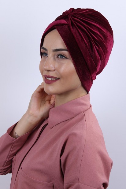 Woman - Velvet Nevru Bonnet Claret Red 100283090 - Turkey