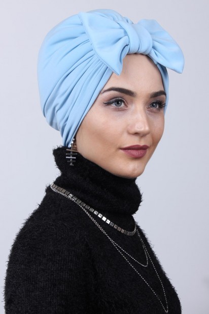 Woman Bonnet & Turban - Reversible Cap Baby Blue with Filled Bow 100285047 - Turkey