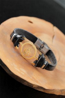Men - Gold Color Metal Left Keyed Design Black Color Leather Men's Bracelet 100318802 - Turkey