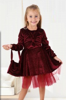 Kids - Girl's Bow Puffy Claret Red Glitter Dress 100327156 - Turkey
