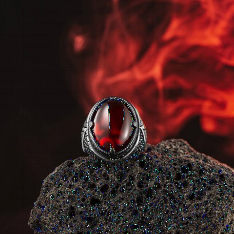 Agate Stone Rings - Red Agate Stone Edges Stone Detailed Sterling Silver Ring 100349131 - Turkey