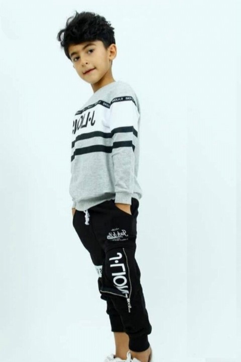 Boys Zipper Detailed Striped Gray Tracksuit 100326900