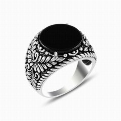 Black Onyx Stone Side Nature Motif Sterling Silver Ring 100347880