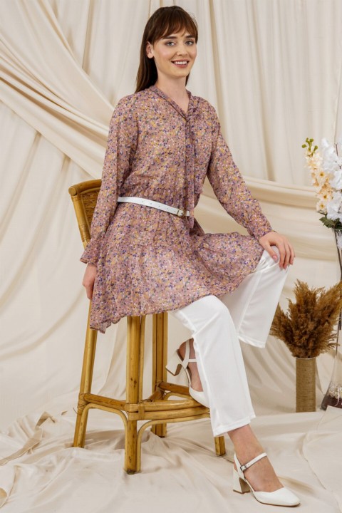 Women's Floral Patterned Belt Detailed Wide Cut Tunic 100326112